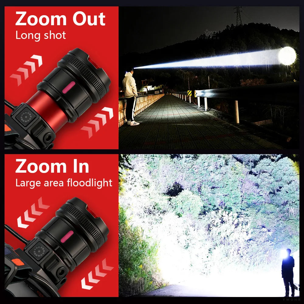 300000LM High Power LED Outdoor Headlamp Portable Rechargeable Waterproof Motion Sensor Telescopic Zoom Work Lamp Camping Hiking