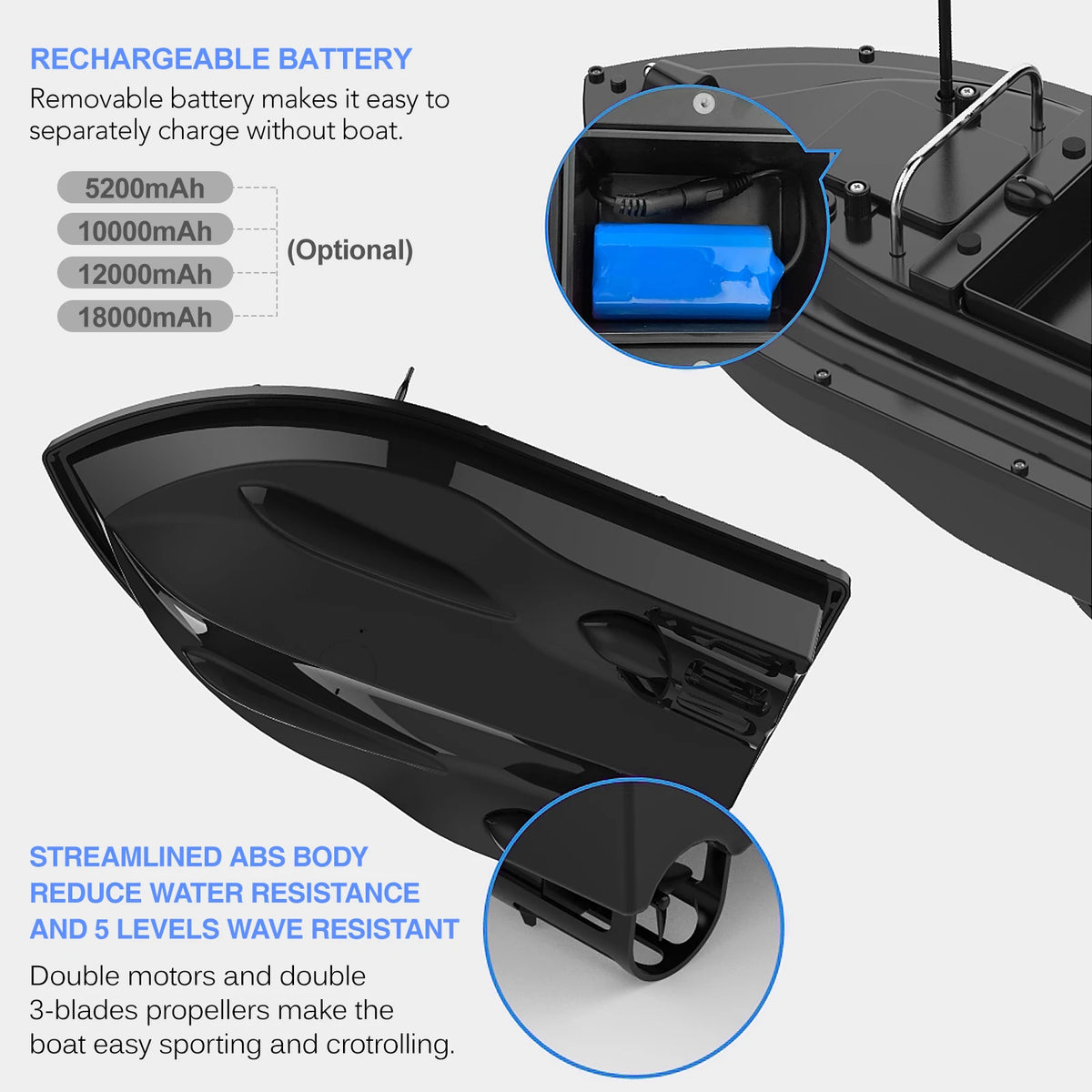 D16E GPS Bait Boat with Large Bait Hopper & Auto-Return