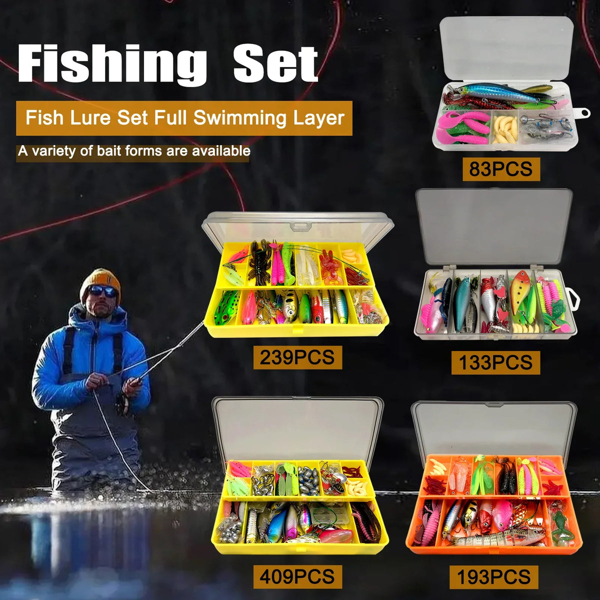 84/107pcs Fishing Lure Kit Soft and Hard Bait Set Gear Layer Metal Jig Spoon For Bass Pike Crank Tackle Accessories with Box