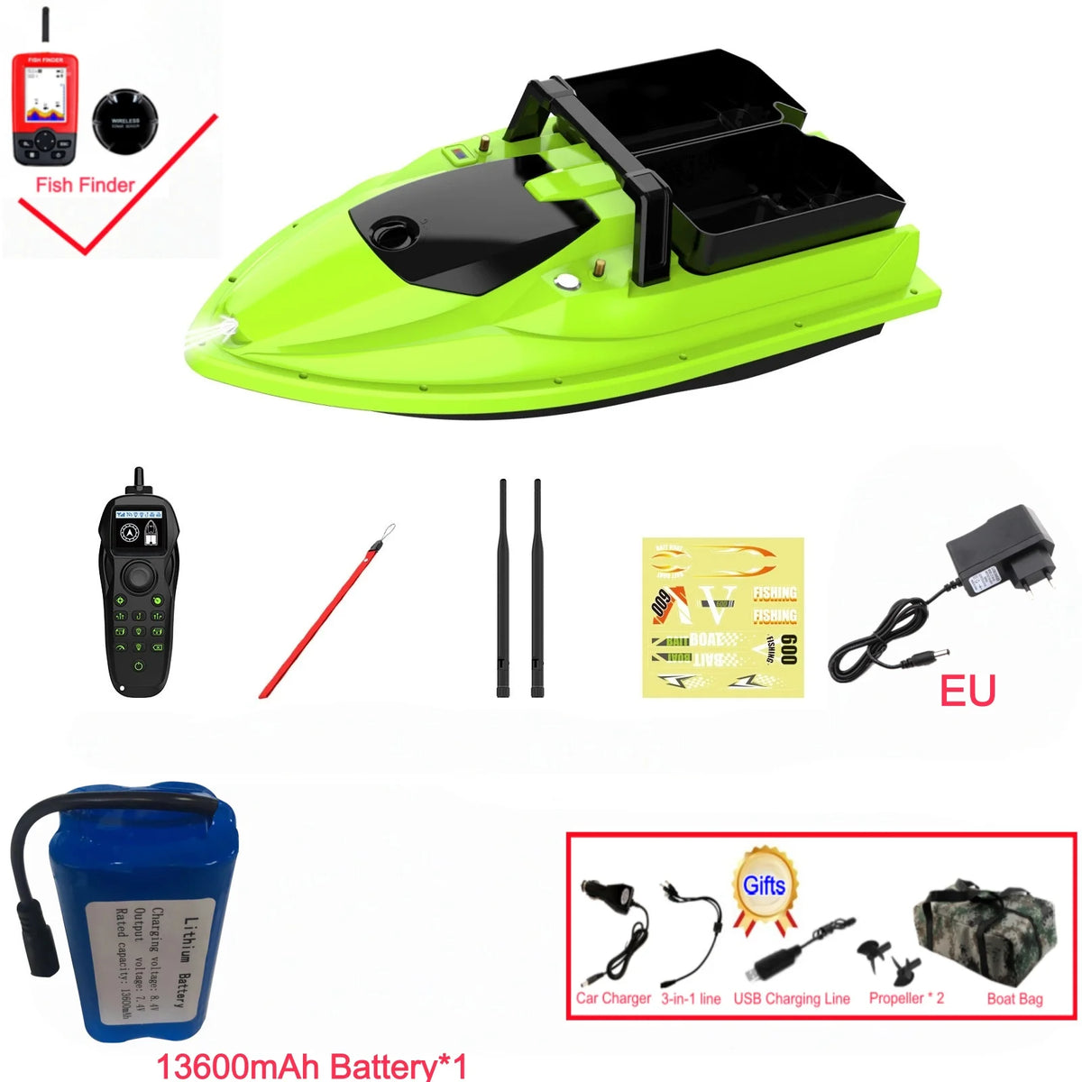 Sonar Bait Boat with Color Fish Finder Screen & Dual Hopper