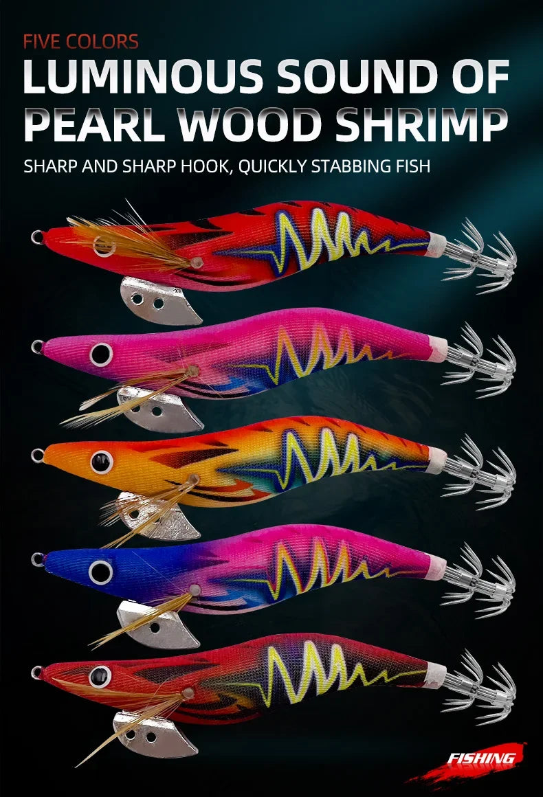 ShareShark 5Pcs/Set Luminous Squid Jig Hooks, 13.2cm 20g 3.5oz #   Shrimp Fishing Lures, Artificial Hard Prawn Bait for Fishing