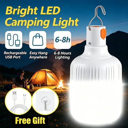 1PC USB Rechargeable 60W LED Camping Light Bulb Hanging Hook Emergency Lantern Portable Tent Lamp Outdoor Camping Night Market