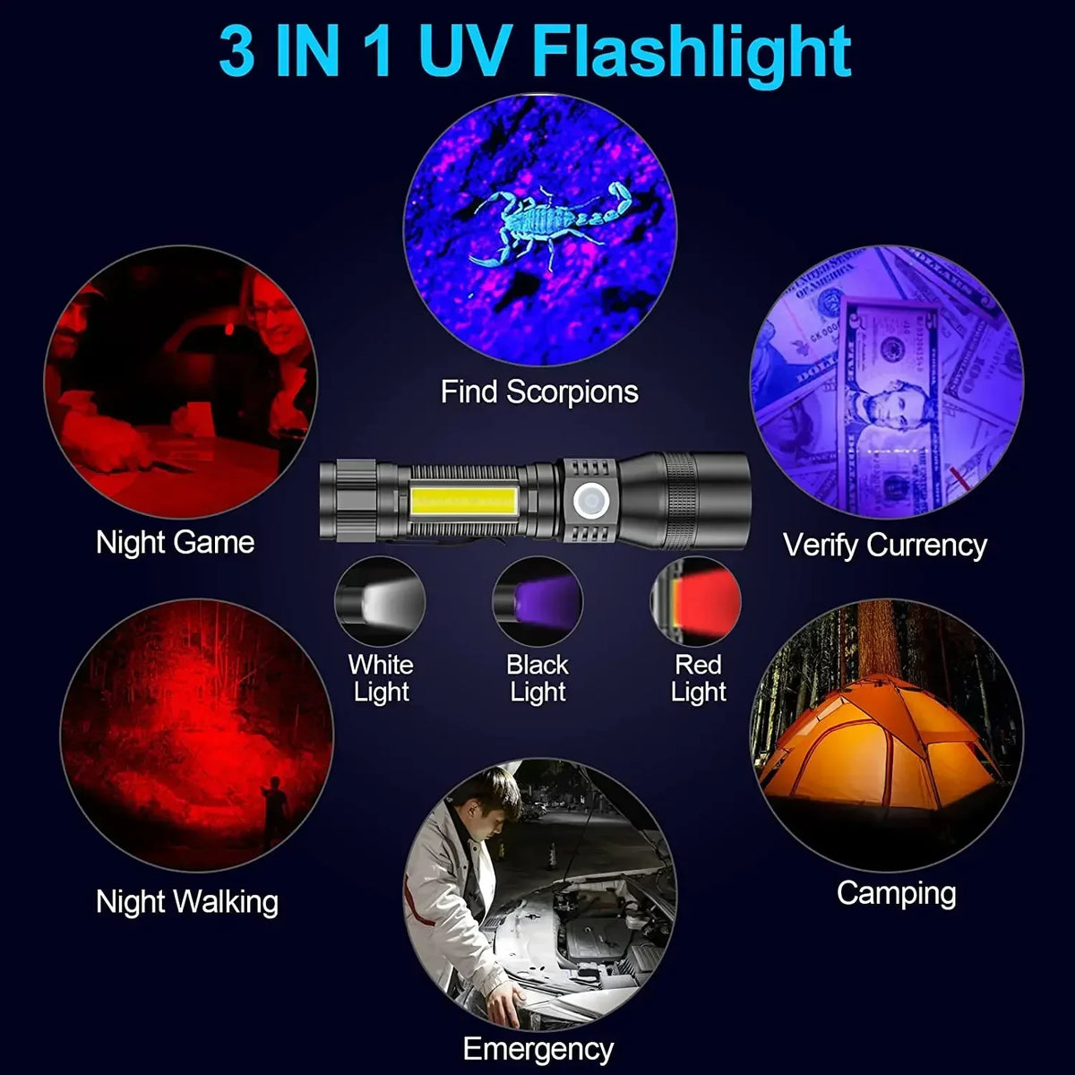 UV Light & Strong Light Flashlight USB Rechargeable Camping Lantern Pets Urine Stains Black Light Led Ultraviolet Torch Lamp