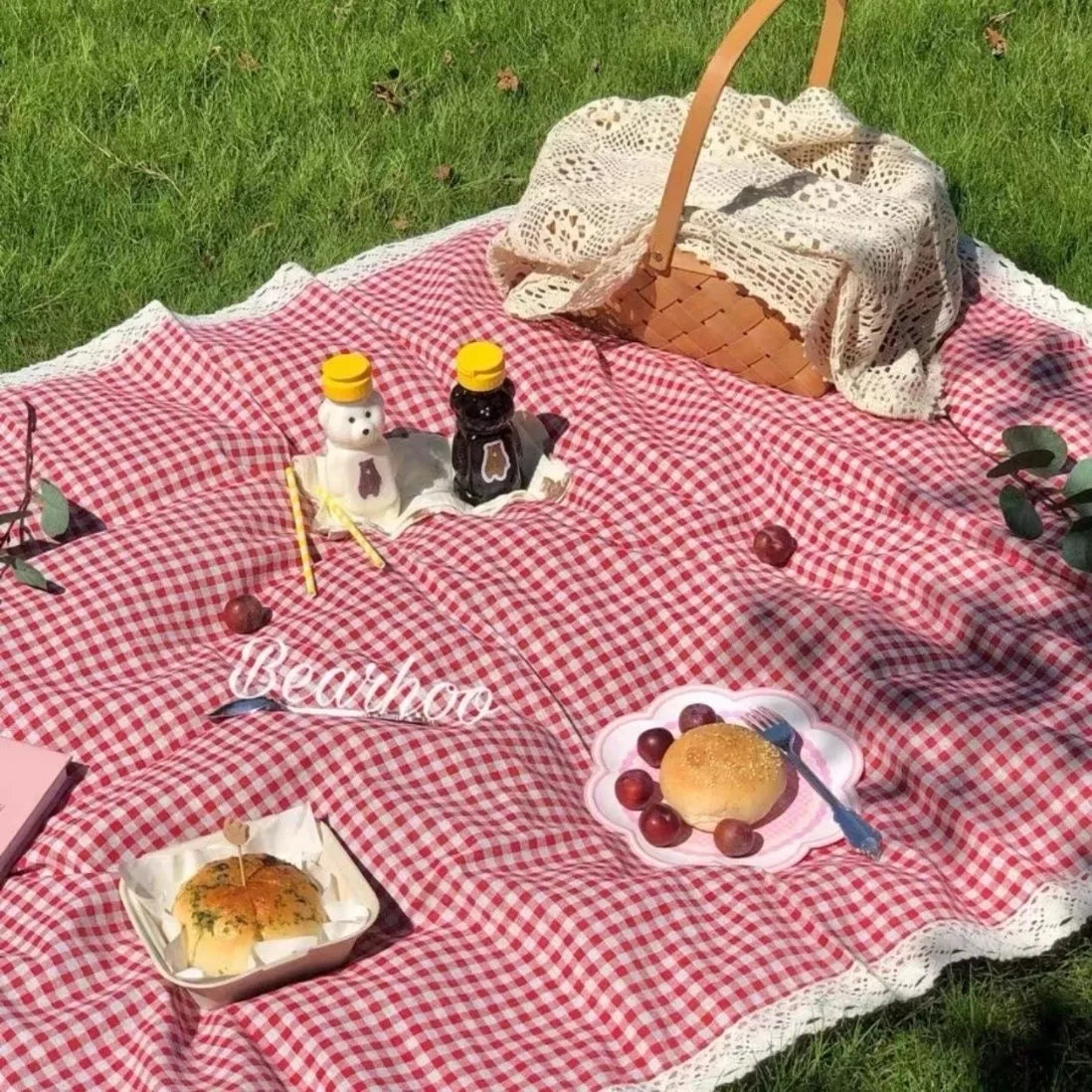1pc Outdoor Picnic Mat, Summer Thick Waterproof Beach Blanket, Lace Red Checkered Camping Mat, Tablecloth Mat