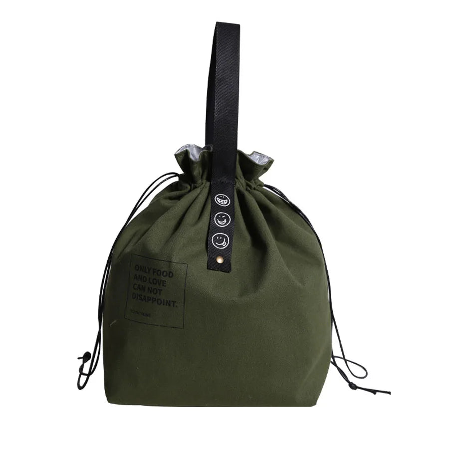 Canvas Folding Lunch Bag Portable Insulated Drawstring Closure Bento Cooler Tote For Work School Picnic Camping