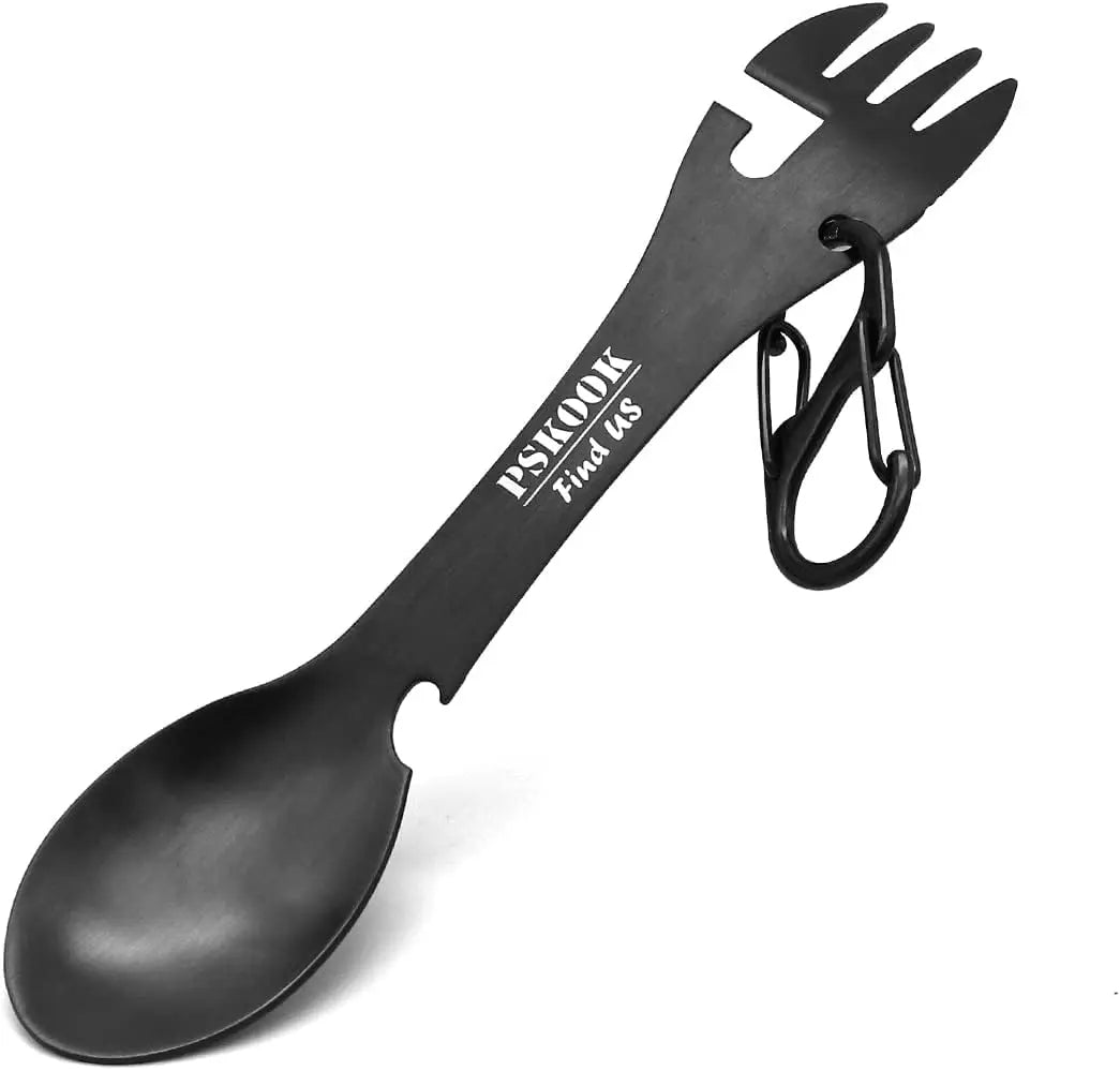 PSKOOK 5-in-1 Utility Tactical Spork, Stainless Steel Spoon & Bottle Opener, Fork & Knife, Can Opener Combo Camping Utensil