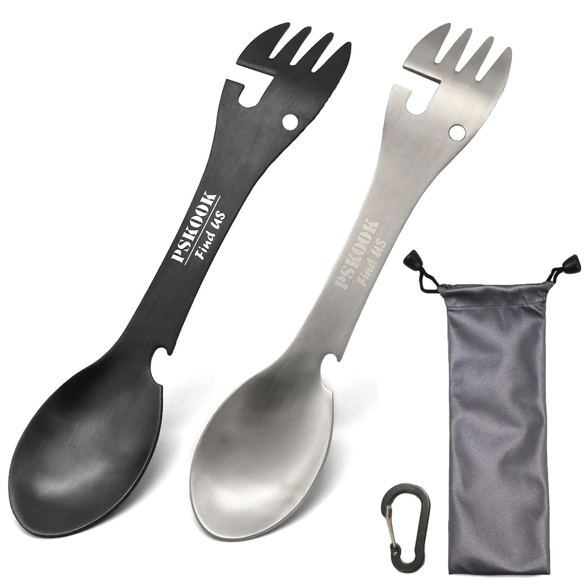 PSKOOK 5-in-1 Utility Tactical Spork, Stainless Steel Spoon & Bottle Opener, Fork & Knife, Can Opener Combo Camping Utensil