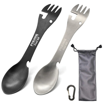 PSKOOK 5-in-1 Utility Tactical Spork, Stainless Steel Spoon & Bottle Opener, Fork & Knife, Can Opener Combo Camping Utensil