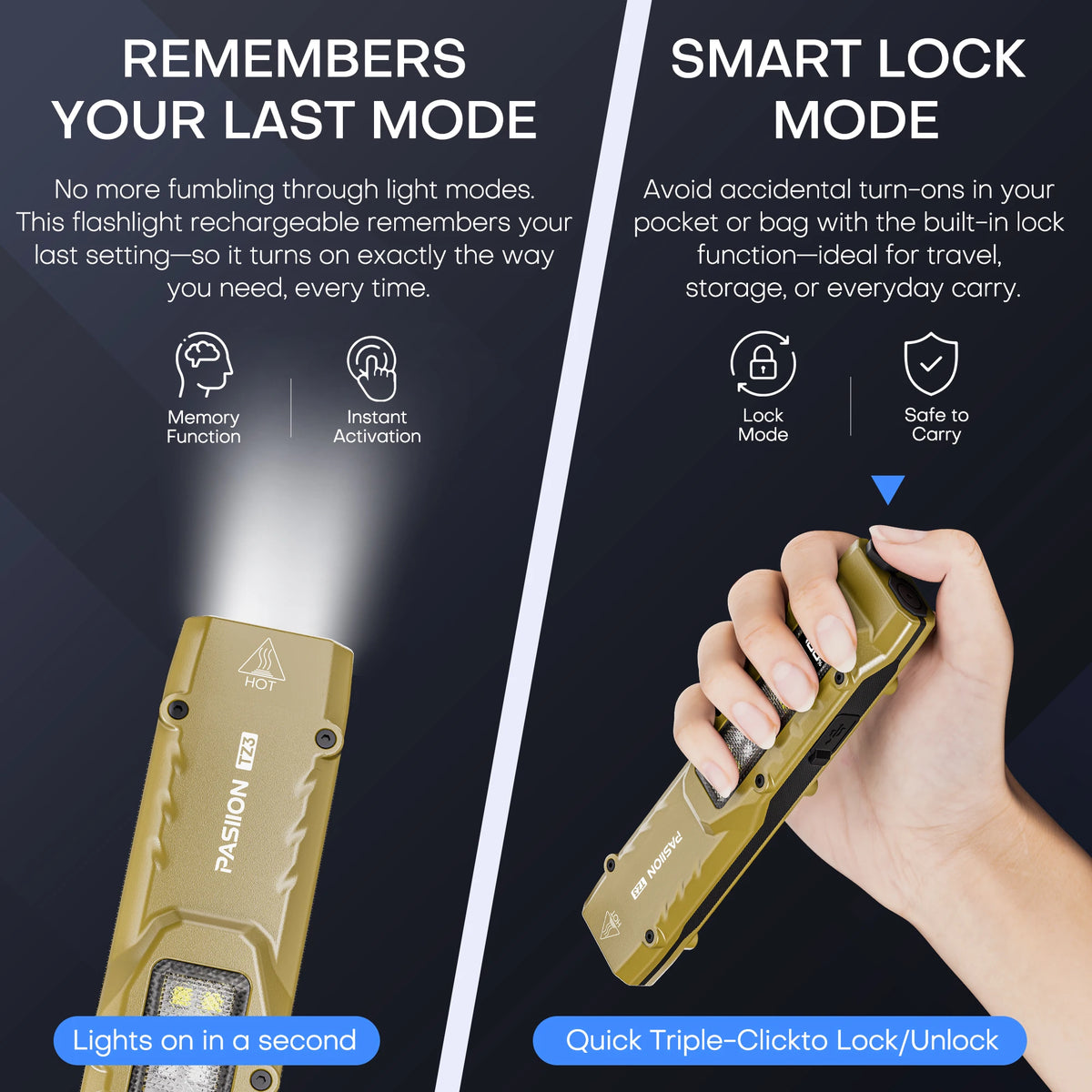 Rechargeable 1500 Lumen Flat Flashlights EDC Tactical Flashlight,Dual-Switches LED Small Flashlight with Digital Display,Stainle