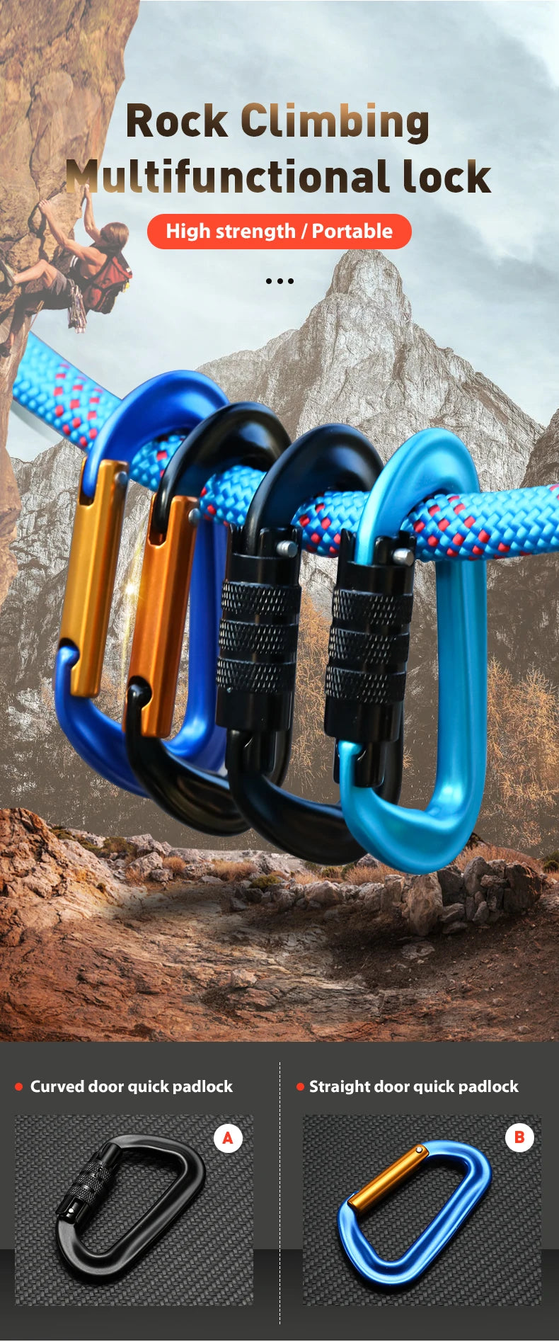 CLIWIZ 12KN Professional D-Shaped Aluminum Carabiner Key Hooks Lip Camping Keyring Snap Hook Outdoor Hiking Tool