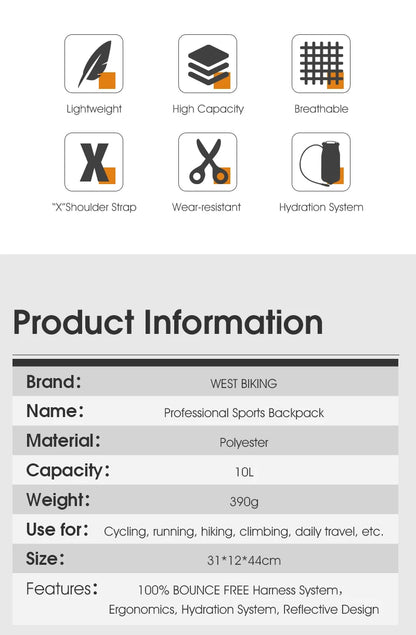 WEST BIKING 10L Ultralight Cycling Backpack Ergonomic Strap Reflective Bicycle Bag With Water Bag Traveling Hiking Cycling Bag