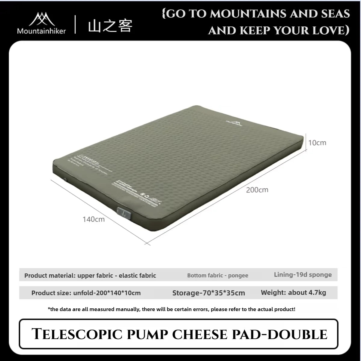 MOUNTAINHIKER Single Double Person Self-inflating Mattress Thick 10cm Compact Folding Camping Sleeping Bed Pad Air Mat Floor