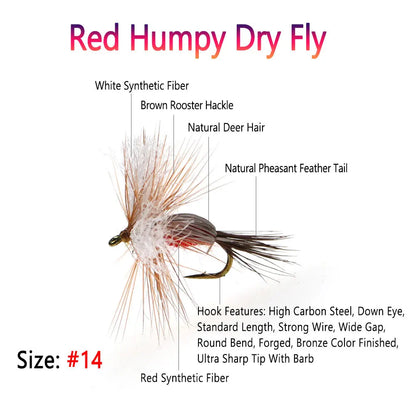 Bimoo Red Humpy Dry Flies #14 (6 Pack)