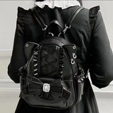 Women Backpack Korean Fashion Y2k Punk Backpack Lace Bow Cat Ear Lotus Lace Decoration Lolita Backbag PU Leather Large Capacity