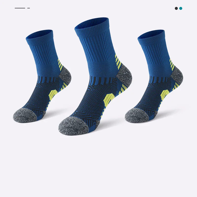 3 Pairs Men's Athetic Socks Sports Breathable Outdoor Running Compression Socks Traning Long Black White  BLUE Stretch Socks