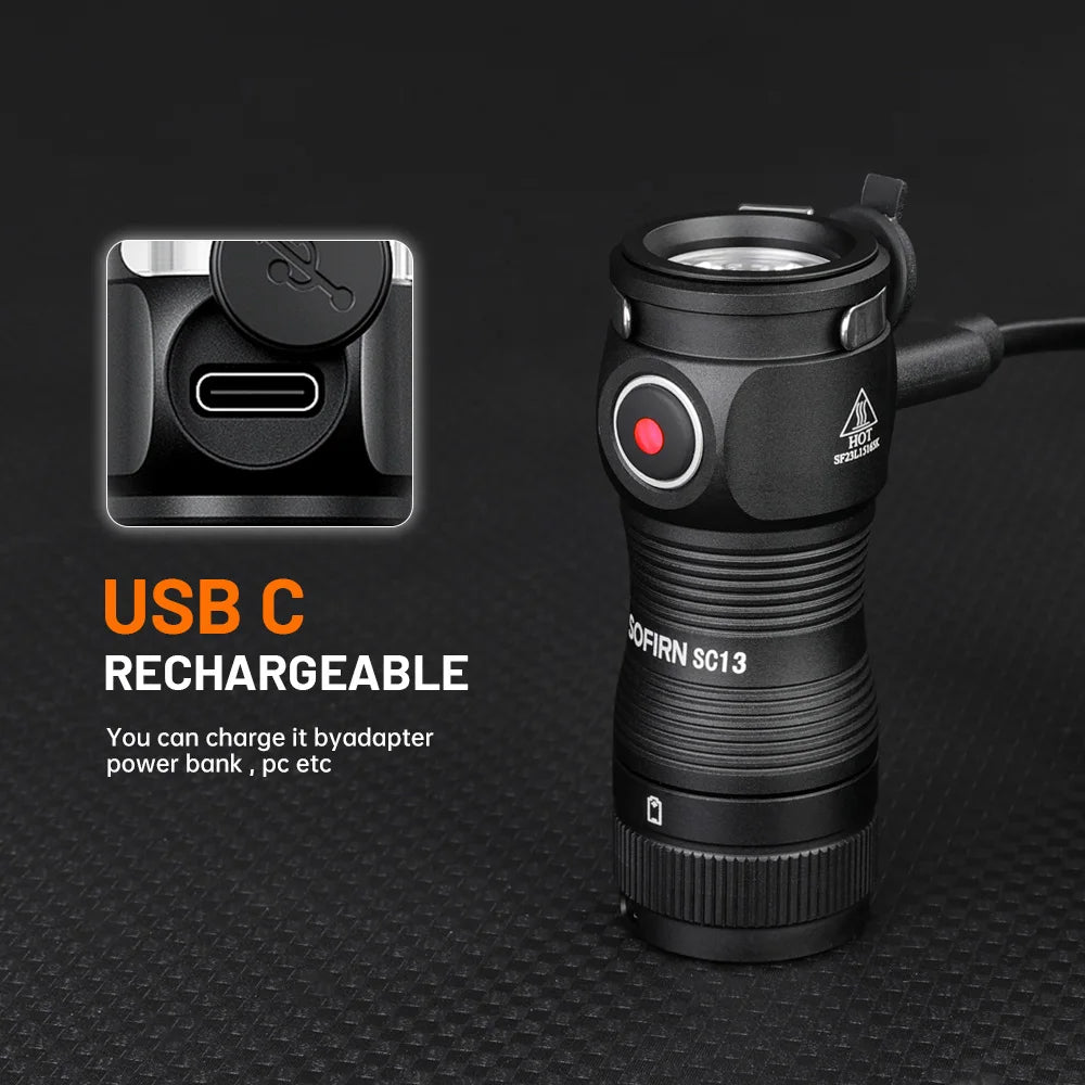 Sofirn Mini SC13 SST40 LED 1300lm Tactical 18350 Rechargeable Flashlight 6000K Keychain Light with Magnetic