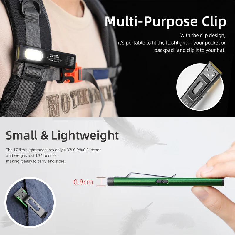WARSUN T7 LED Torch Portable Mini Flashlight 800LM Rechargeable Pocket Light Magnetic Base Clip Work Light Hiking Fishing EDC