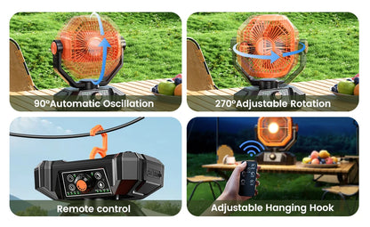 20000mAh Camping Fan with LED Lantern – 8-Speed, Remote