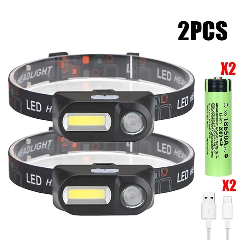Powerful COB+LED Headlamp 1500LM USB Rechargeable Headlight Waterproof Head Lamp Bright Head Flashlight for Camping Cycling