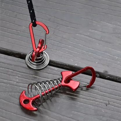 5pcs Fish Bone Shaped Tent Pegs with Rope Buckles Camping Deck Floor Nails Spring Design Outdoor Adventure Essential Accessories