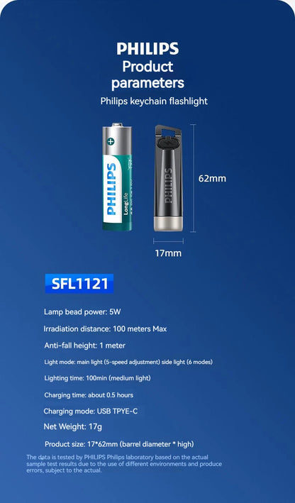PHILIPS 2025  Super Bright EDC Flashlight LED Rechargeable Mini EDC Keychain Flashlights Camping Lamp For Hiking Self Defense