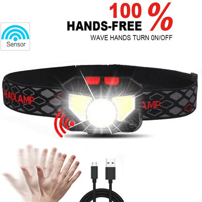 6 Modes Motion Sensor XPE+COB LED Headlamp Flashlight USB Rechargeable Waterproof Camping Head Lamp Running Fishing Headlight
