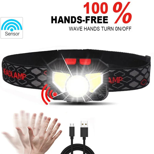 6 Modes Motion Sensor XPE+COB LED Headlamp Flashlight USB Rechargeable Waterproof Camping Head Lamp Running Fishing Headlight
