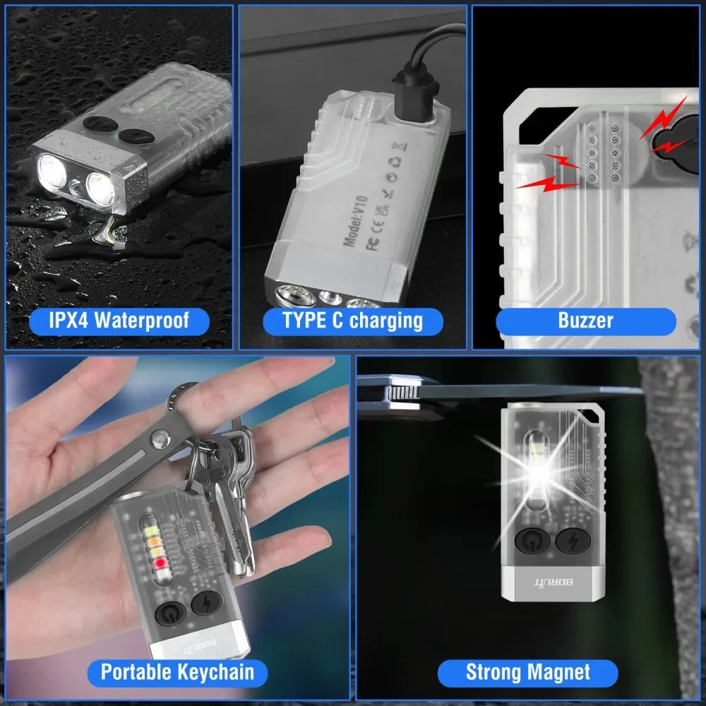 BORUiT V10 UV Keychain Flashlight – 1000LM, Type-C, Magnetic