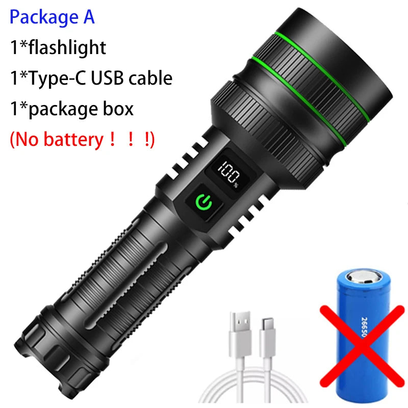 Bright Spotlight Long Range LED Flashlight Type-C Charging Strong Light Lamp Tactical Torch Waterproof Zoom Outdoor Lantern