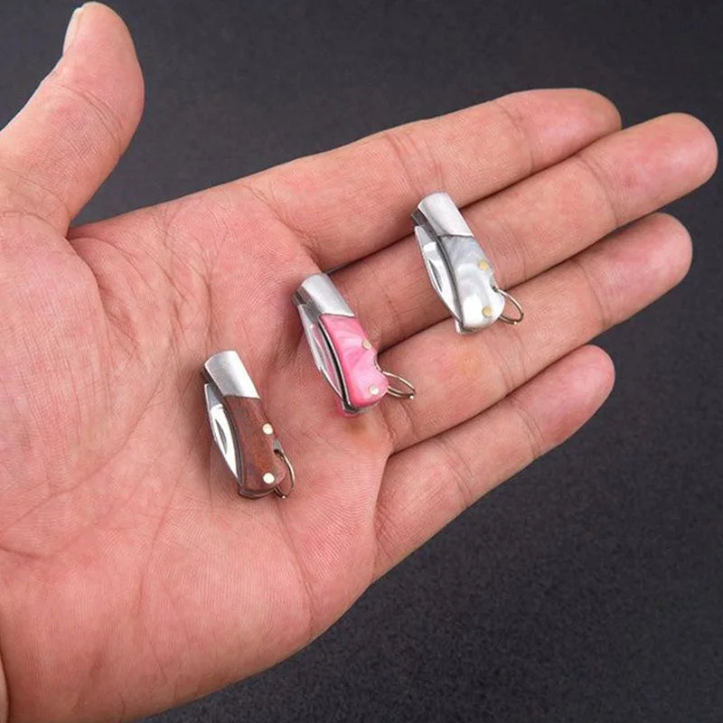 5cm Acrylic Mini Folding Knife Pendant Brass Wood Keychains Sharp Small Blade Portable Hanging Outdoor Camping Unboxing Knife