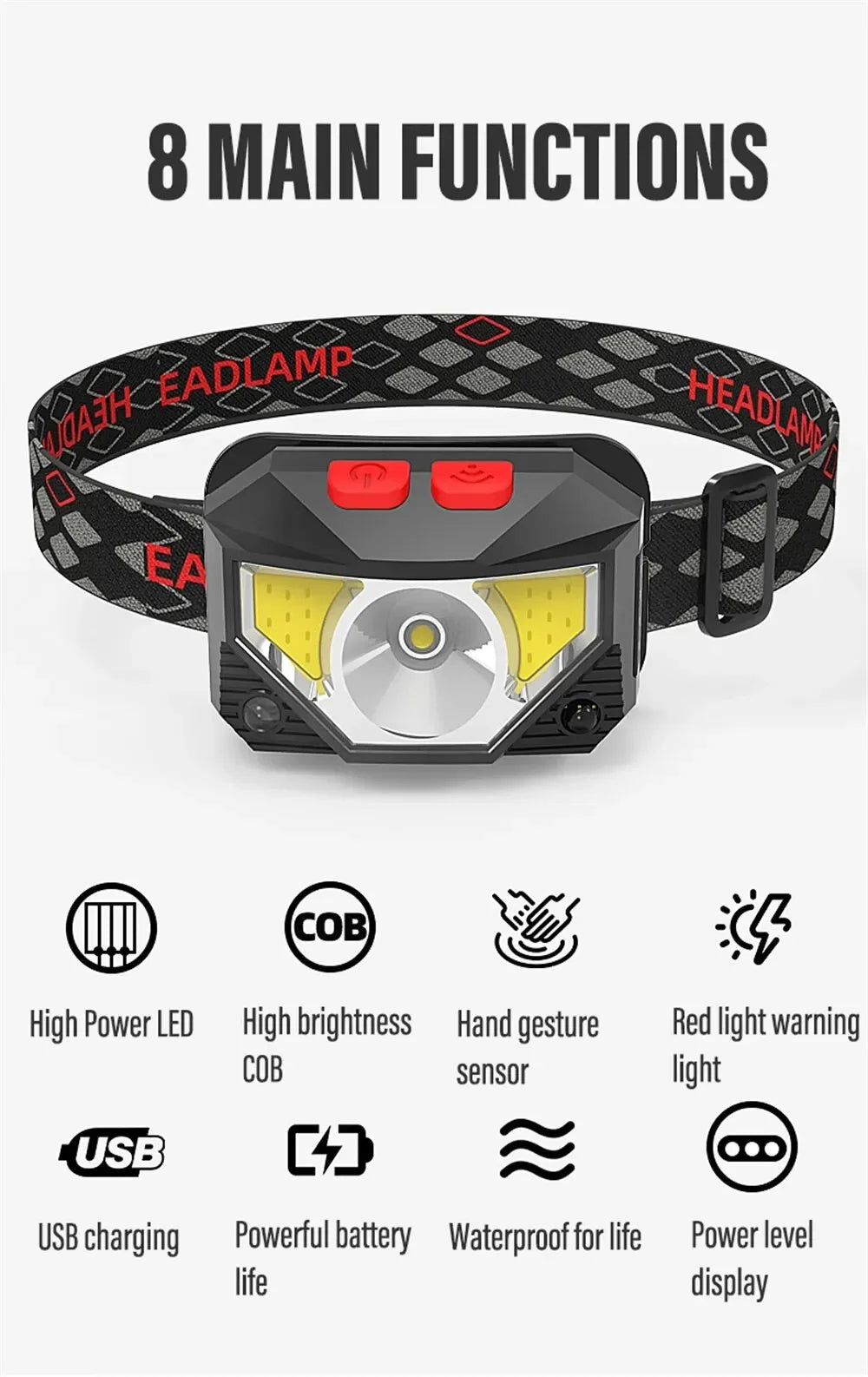 Rechargeable LED Headlamp Sensor Headlight With COB and LED Beads 8 Lighting Modes White and Red Light Fishing Light