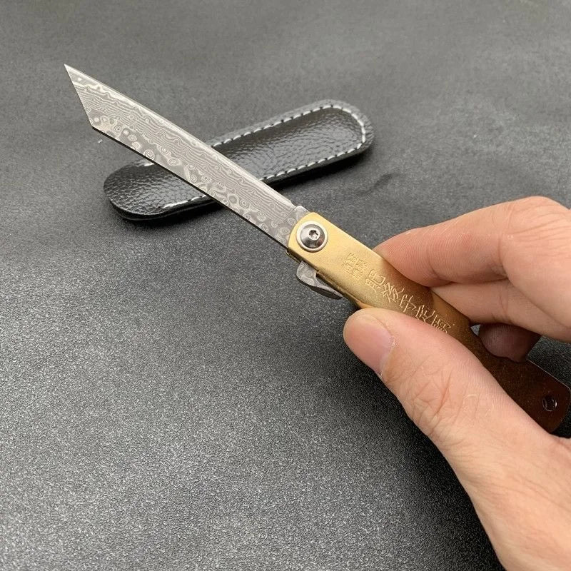 Higonokami Japanese High Quality Mini Pocket Folding Knife VG10 Damascus Steel Copper Handle Outdoor Hunting Fruit Cutting Tool