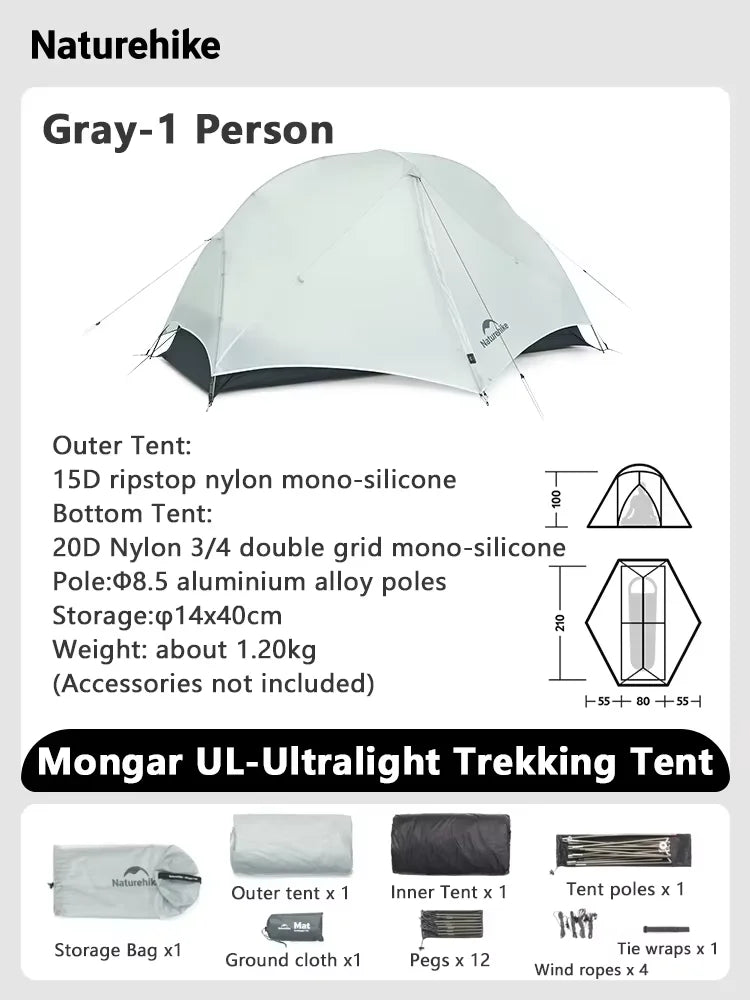 Naturehike Mongar UL Tent 1 2 Person Camping Outdoor Ultralight Tent Travel Backpacking 15D Waterproof Shelter Tent Hiking