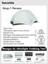 Naturehike Mongar UL Tent 1 2 Person Camping Outdoor Ultralight Tent Travel Backpacking 15D Waterproof Shelter Tent Hiking