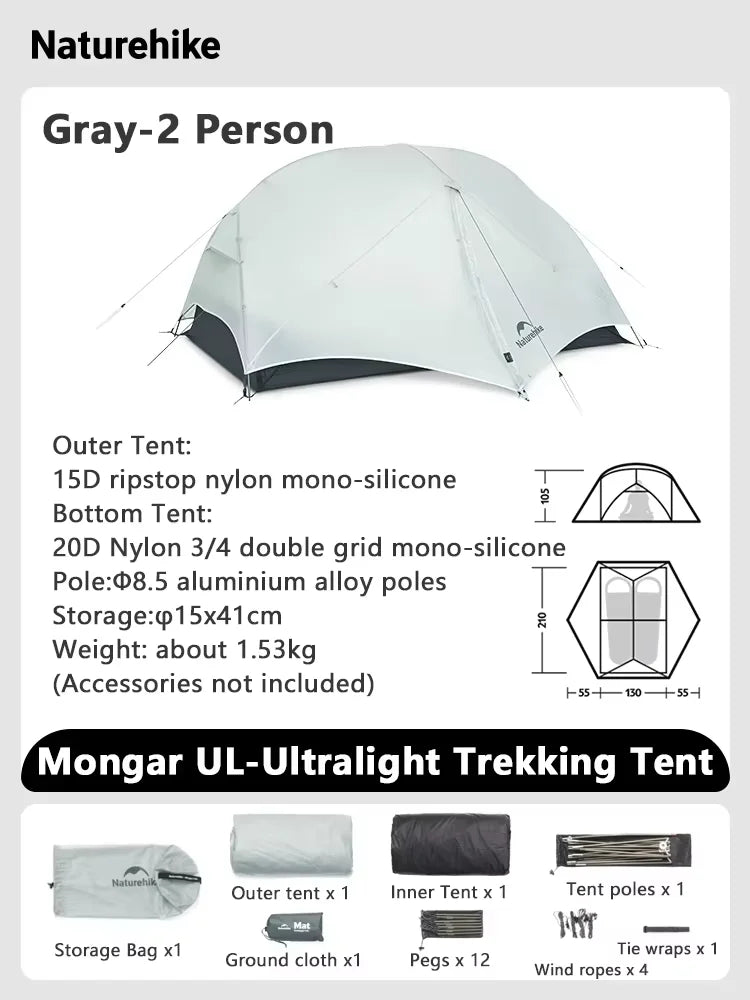 Naturehike Mongar UL Tent 1 2 Person Camping Outdoor Ultralight Tent Travel Backpacking 15D Waterproof Shelter Tent Hiking