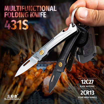 SANRENMU 431S Folding Pocket Knife 12C27 Blade Portable EDC Outdoor Camping Bottle Opener Keychain Hole Knife
