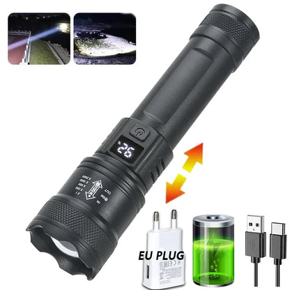 High Strong Power Led Flashlights 300000LM Tactical Torch with Display Light USB Charging Camping Fishing Defensa Zoom Lantern