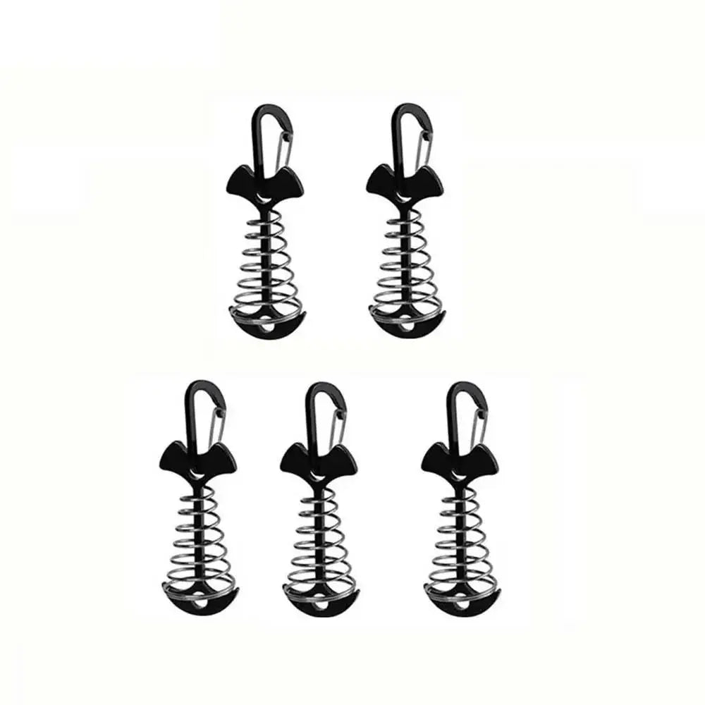5pcs Fish Bone Shaped Tent Pegs with Rope Buckles Camping Deck Floor Nails Spring Design Outdoor Adventure Essential Accessories