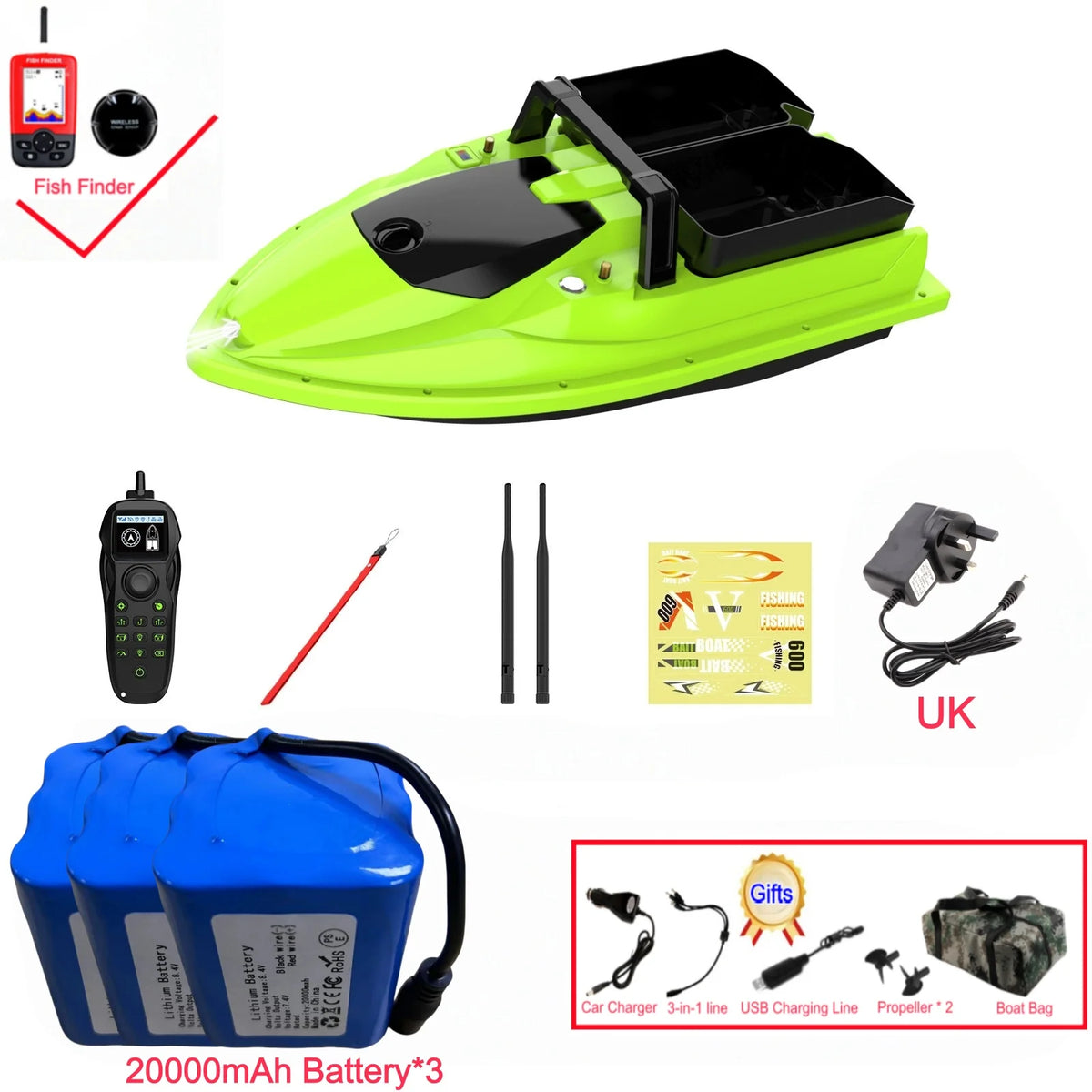Sonar Bait Boat with Color Fish Finder Screen & Dual Hopper