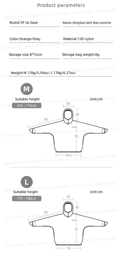 3F UL GEAR QingSuo Spilt Rain Poncho Outdoor Ultralight Sleeve Rain Coats 15D Nylon Waterproof Hiking Cycling Mountaineering