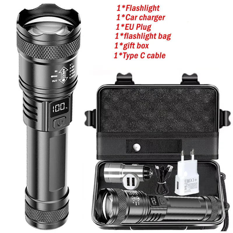 High Strong Power Led Flashlights 300000LM Tactical Torch with Display Light USB Charging Camping Fishing Defensa Zoom Lantern