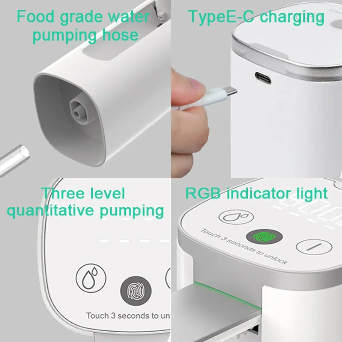 LED Display Water Bottle Pump Foldable Electric 1200mah Type C Rechargeable Automatic Stop Touch Button 3 Quantitative Settings
