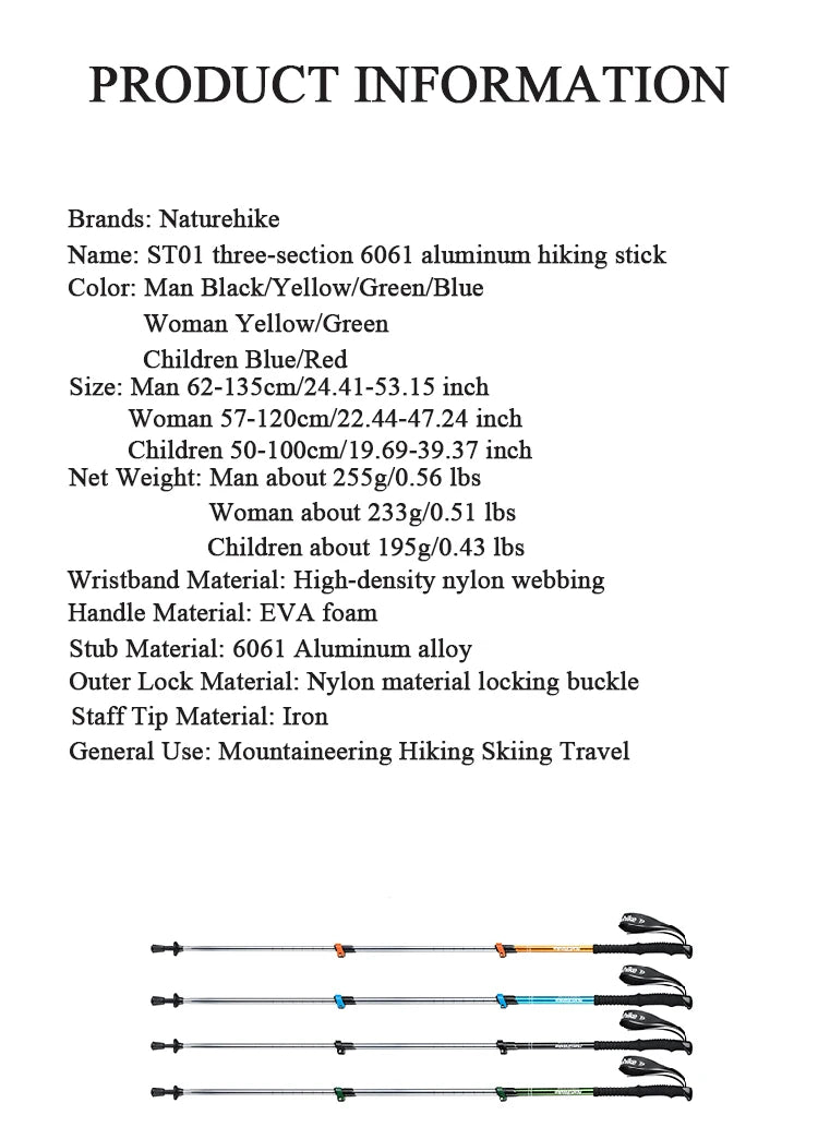 Naturehike Hiking Poles Three Sections Of Aluminum Pole For Mountaineering Hiking Skiing Travel Poles Climbing Trekking Pole