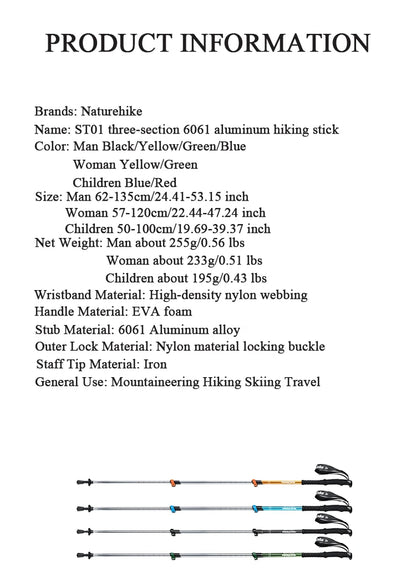Naturehike Hiking Poles Three Sections Of Aluminum Pole For Mountaineering Hiking Skiing Travel Poles Climbing Trekking Pole