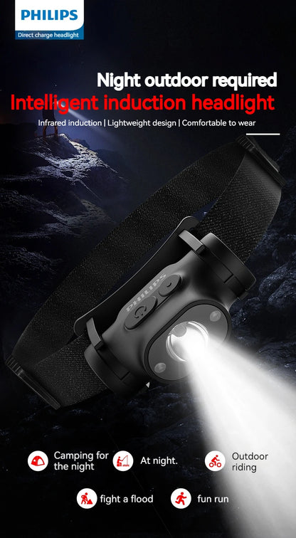 Philips LED Headlamp Sensor Head Flashlight of Lighting Type-C Rechargeable Headlight Outdoor Camping Fishing Lantern