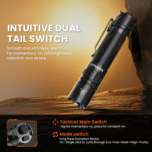 SOFIRN SK30 3000 High Lumen 6000K Tactical Flashlight USB C 21700 Rechargeable Pocket Torch with Dual Tail Switches