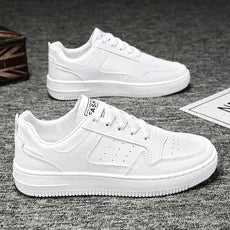 Men’s Thick-Soled Leather Sneakers – Trendy Street Casual Shoes with Fashion Board Style (Black & White)