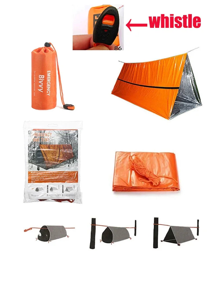 Outdoors Emergency Shelter Bivy Survival Tent Kit Mylar Tube Tent Sleeping Bag Waterproof Outdoor SOS Thermal Blanket Reusable