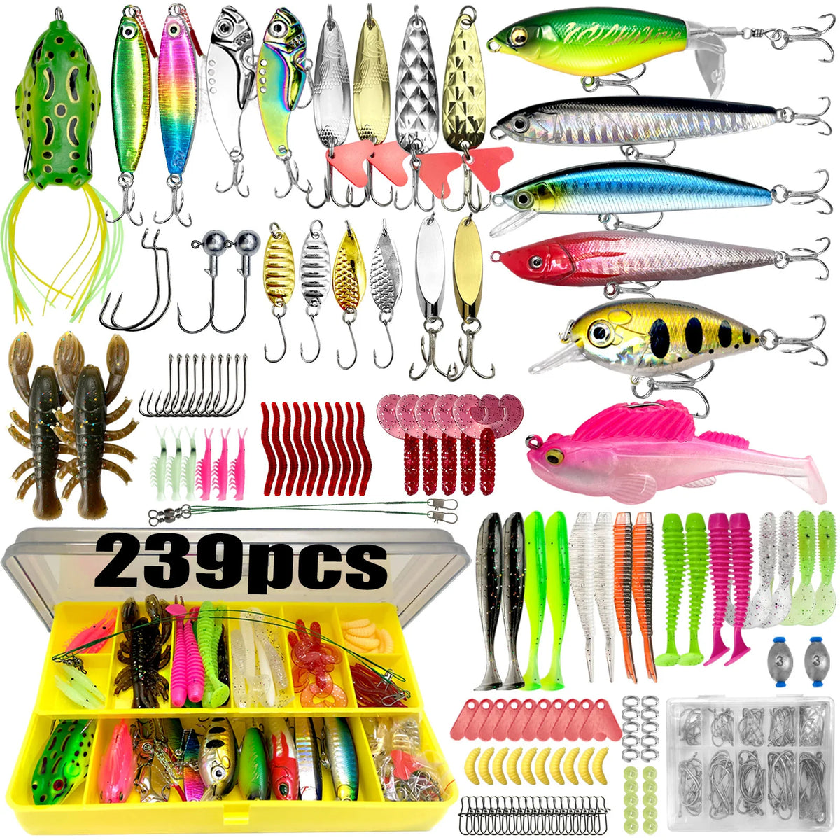 84/107pcs Fishing Lure Kit Soft and Hard Bait Set Gear Layer Metal Jig Spoon For Bass Pike Crank Tackle Accessories with Box