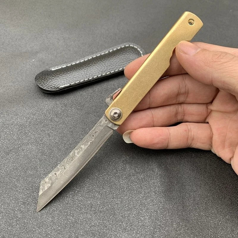 Higonokami Japanese High Quality Mini Pocket Folding Knife VG10 Damascus Steel Copper Handle Outdoor Hunting Fruit Cutting Tool